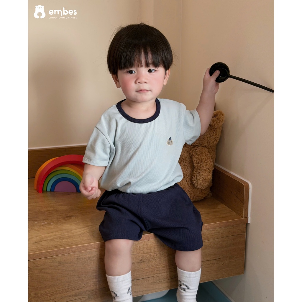 Bộ Cộc Cho Bé Embes, Bộ Cộc Tay Phối Màu Thêu Hình Chất Cotton Mềm Thoáng Mát Cho Bé Từ 8-17Kg