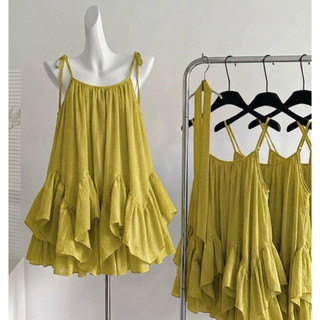 Set váy Babydoll 2 Dây Cột Nơ Bèo Tầng, kèm quần bảo hộ Dễ Thương chất liệu tơ mềm - 0015 Macaron
