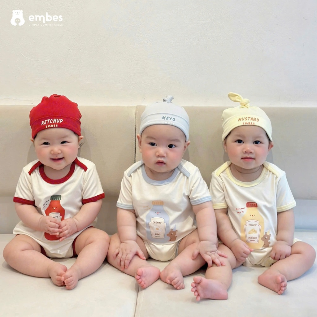 Body Cộc Sơ Sinh Ẻmbes, Body Cộc Tay In Hình Kèm Mũ Buộc Chất Cotton Cho Bé Trai Bé Gái Từ 0-9 Tháng