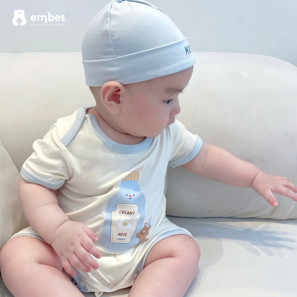 Body Cộc Sơ Sinh Ẻmbes, Body Cộc Tay In Hình Kèm Mũ Buộc Chất Cotton Cho Bé Trai Bé Gái Từ 0-9 Tháng