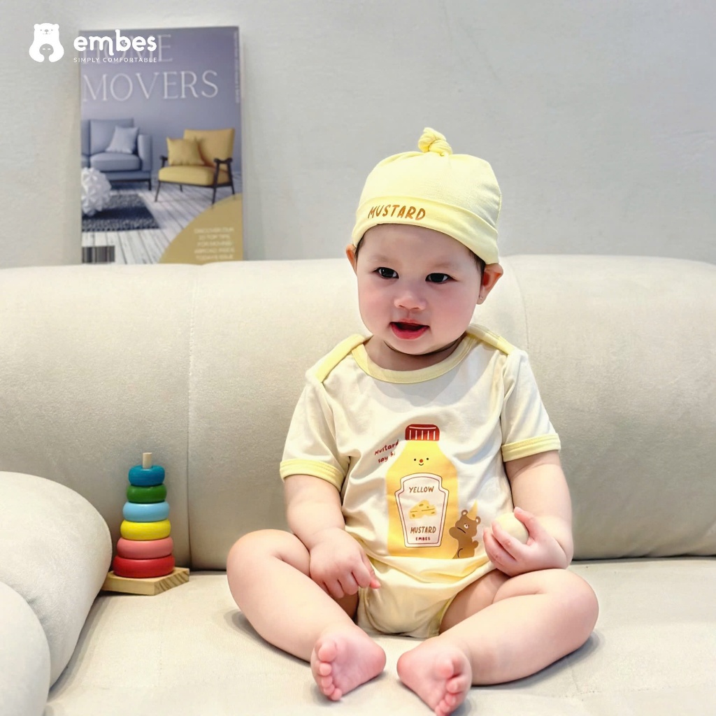 Body Cộc Sơ Sinh Ẻmbes, Body Cộc Tay In Hình Kèm Mũ Buộc Chất Cotton Cho Bé Trai Bé Gái Từ 0-9 Tháng
