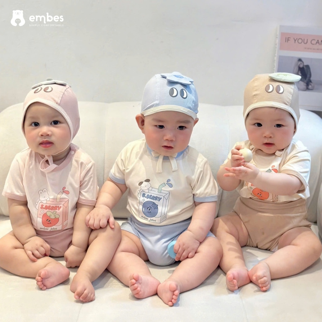 Bộ Cộc Sơ Sinh Embes, Bộ Cộc Tay In Họa Tiết Kèm Mũ Trái Cây Cho Bé Trai Bé Gái Size Từ 0-9 Tháng