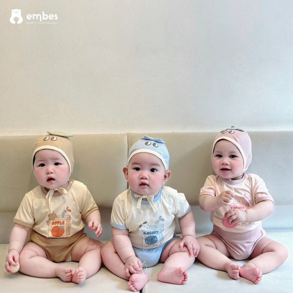Bộ Cộc Sơ Sinh Embes, Bộ Cộc Tay In Họa Tiết Kèm Mũ Trái Cây Cho Bé Trai Bé Gái Size Từ 0-9 Tháng