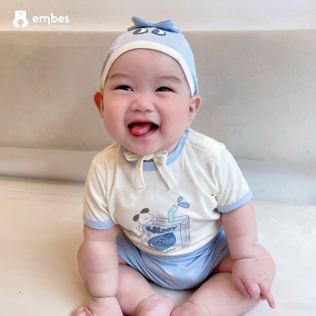 Bộ Cộc Sơ Sinh Embes, Bộ Cộc Tay In Họa Tiết Kèm Mũ Trái Cây Cho Bé Trai Bé Gái Size Từ 0-9 Tháng