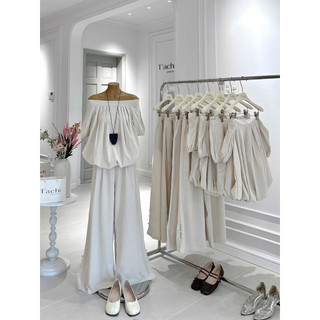 SEP House - Set linen thô trễ vai bo chun tay lửng dáng bí phối quần dài suông thanh lịch, nữ tính - Ảnh thật