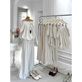 SEP House - Set linen thô trễ vai bo chun tay lửng dáng bí phối quần dài suông thanh lịch, nữ tính - Ảnh thật