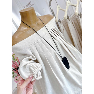 SEP House - Set linen thô trễ vai bo chun tay lửng dáng bí phối quần dài suông thanh lịch, nữ tính - Ảnh thật