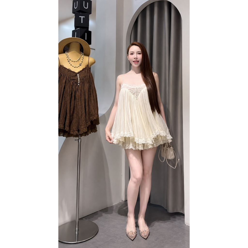 Set Áo 2 Dây Babydoll Phối Ren Đính Ngọc Trai Kèm Chân Váy, Set Đồ Nữ Vải Xô Nhăn Dáng Xòe Tiểu Thư CHAMIE STUDIO