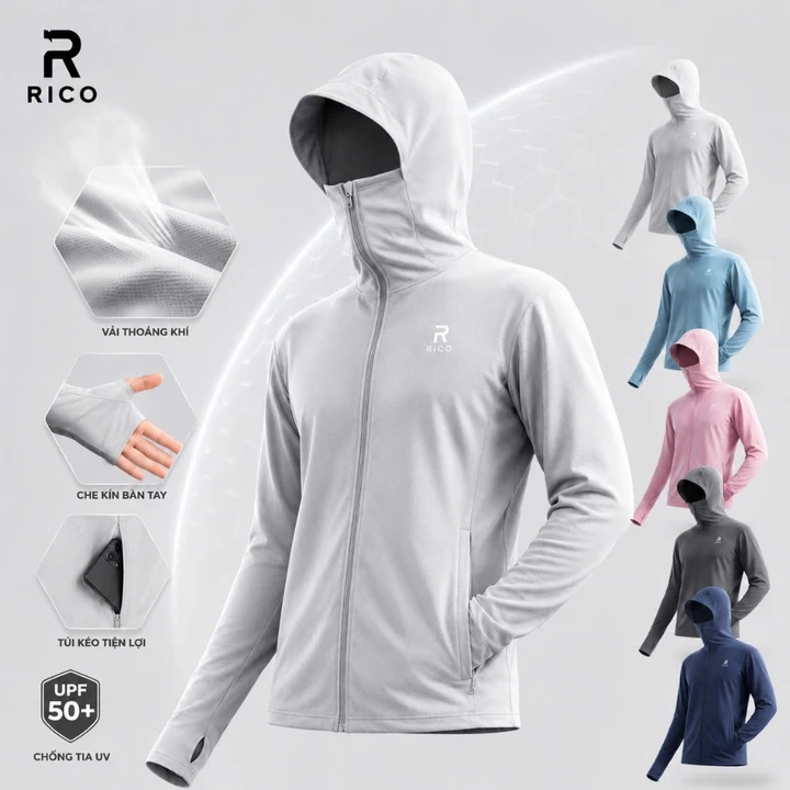 Áo chống nắng 2 lớp UPF 50+ chống tia UV nam nữ khoá kéo cổ cao M08 Rico