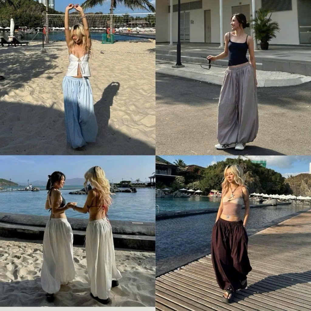 Quần Balloon Pants Nữ Ống Bom Rộng Cạp Chun Bo Gấu Vải Gió Mềm Nhẹ Thoáng Mát Trendy Đồ Đôi Đi Biển Joolate