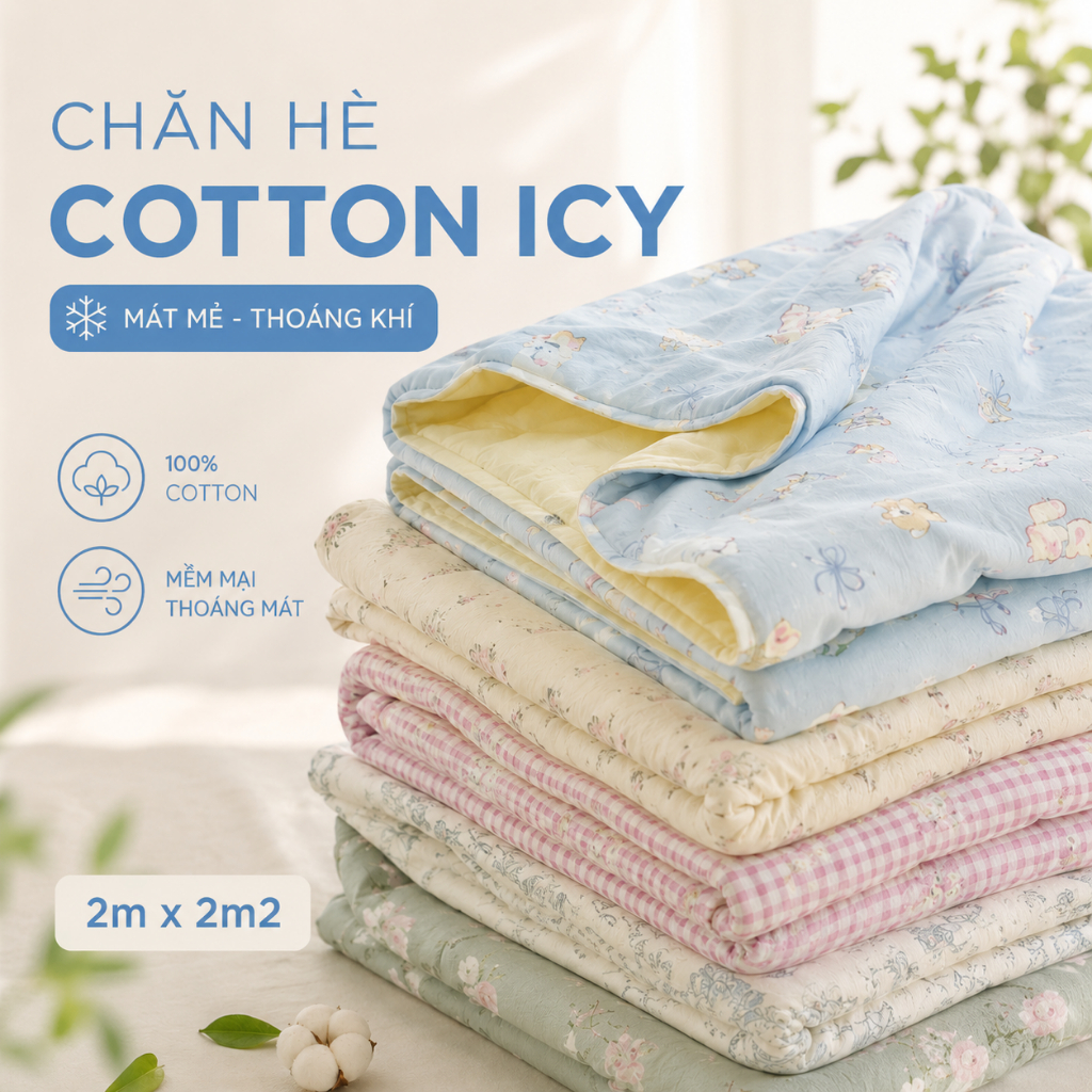 Chăn Hè Cotton Icy chất mát - Size 2m x2m2 - Mềm mại, thoáng khí, mang đến cảm giác mát mẻ