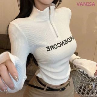 Áo dài tay cổ lọ dáng croptop nữ xinh ôm dáng chất thun gân đen trắng xám VANISA CT351