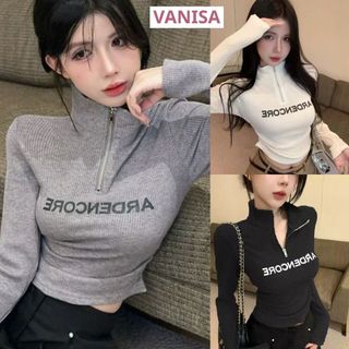 Áo tay dài cổ lọ nữ có khoá kéo dáng croptop ôm dáng đen trắng xám VANISA CT351
