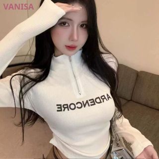Áo tay dài cổ lọ nữ có khoá kéo dáng croptop ôm dáng đen trắng xám VANISA CT351