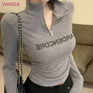 Áo dài tay cổ lọ dáng croptop nữ xinh ôm dáng chất thun gân đen trắng xám VANISA CT351