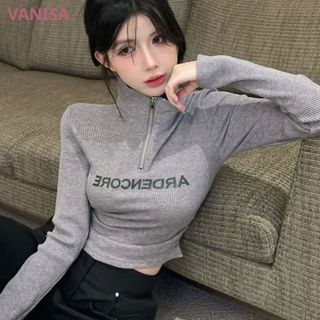 Áo dài tay cổ lọ dáng croptop nữ xinh ôm dáng chất thun gân đen trắng xám VANISA CT351