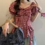 Áo kiểu nữ caro tay phồng thắt nơ eo peplum tôn dáng phong cách Hàn Quốc