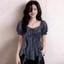 Áo kiểu nữ caro tay phồng thắt nơ eo peplum tôn dáng phong cách Hàn Quốc
