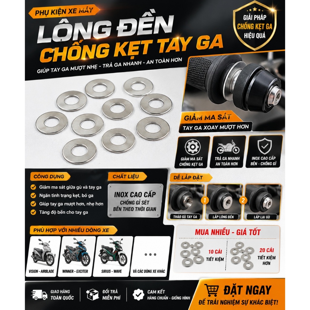 Lông đền chống kẹt tay ga xe máy inox cao cấp – vòng đệm chống bó ga, chống kẹt ga Winner Exciter Vision Airblade