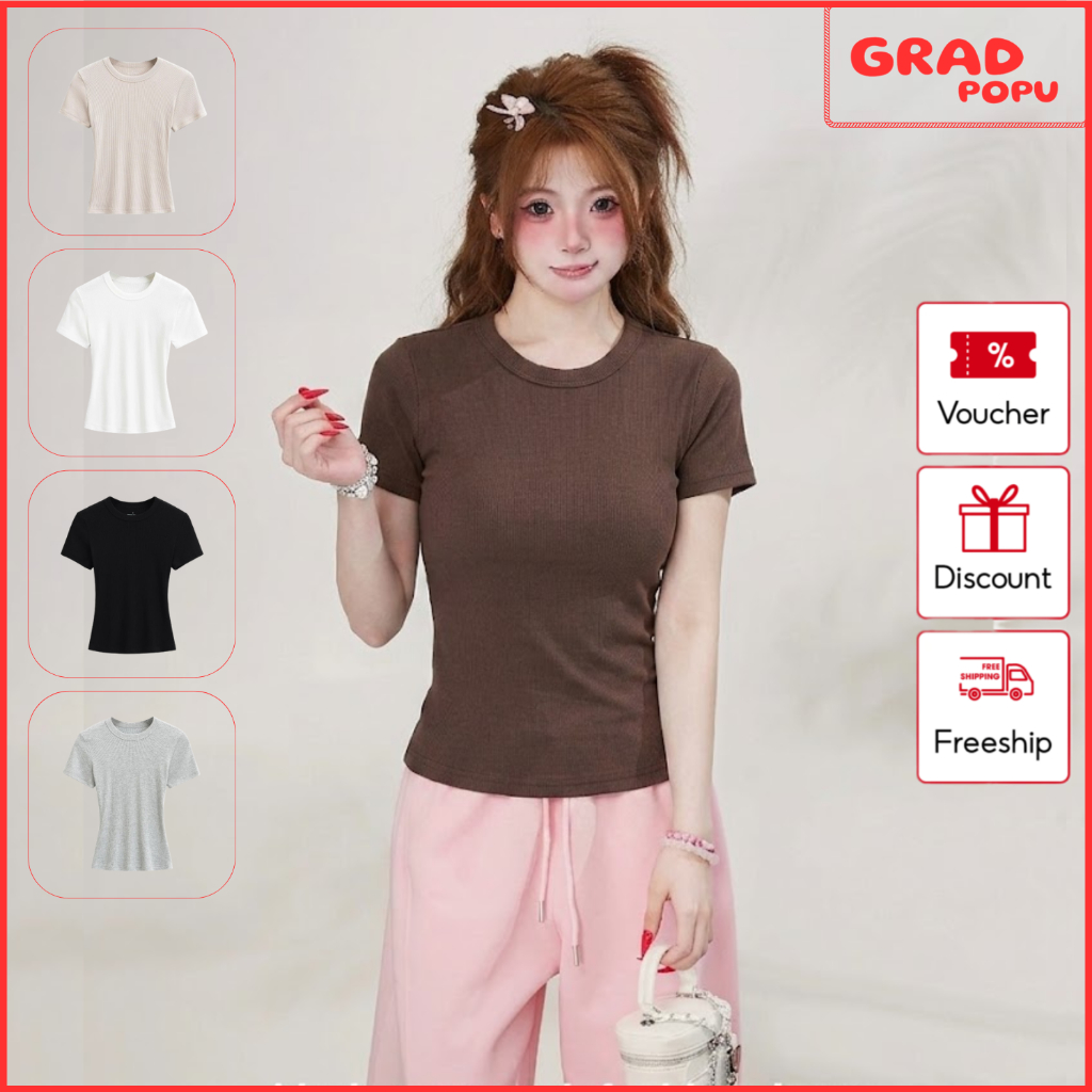Áo thun nữ cổ tròn GRADPOPU form ôm body áo phông nữ basic co giãn vải gân mềm mịn thoáng mát  AN315