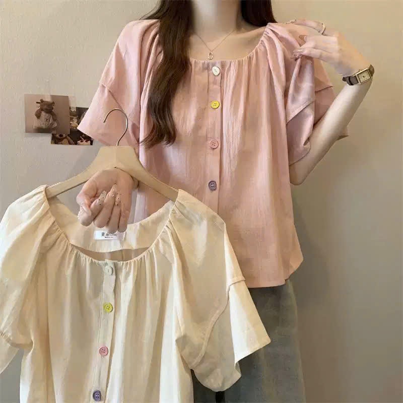 Áo kiểu nữ form rộng tay cánh dơi phối cúc màu phong cách Hàn Quốc