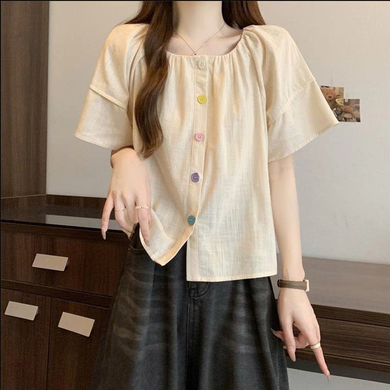 Áo kiểu nữ form rộng tay cánh dơi phối cúc màu phong cách Hàn Quốc