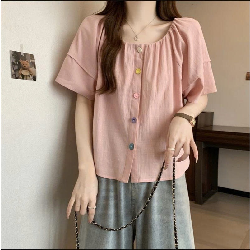 Áo kiểu nữ form rộng tay cánh dơi phối cúc màu phong cách Hàn Quốc