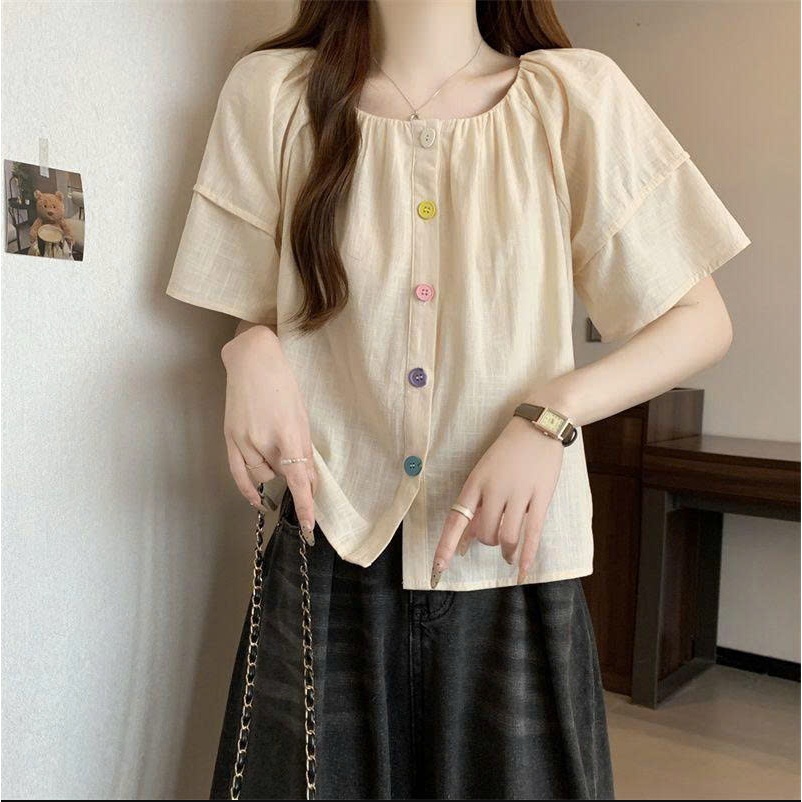 Áo kiểu nữ form rộng tay cánh dơi phối cúc màu phong cách Hàn Quốc