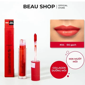 Son kem siêu lì chính hãng Beau Shop collagen matte liptint màu 04 Đỏ gạch