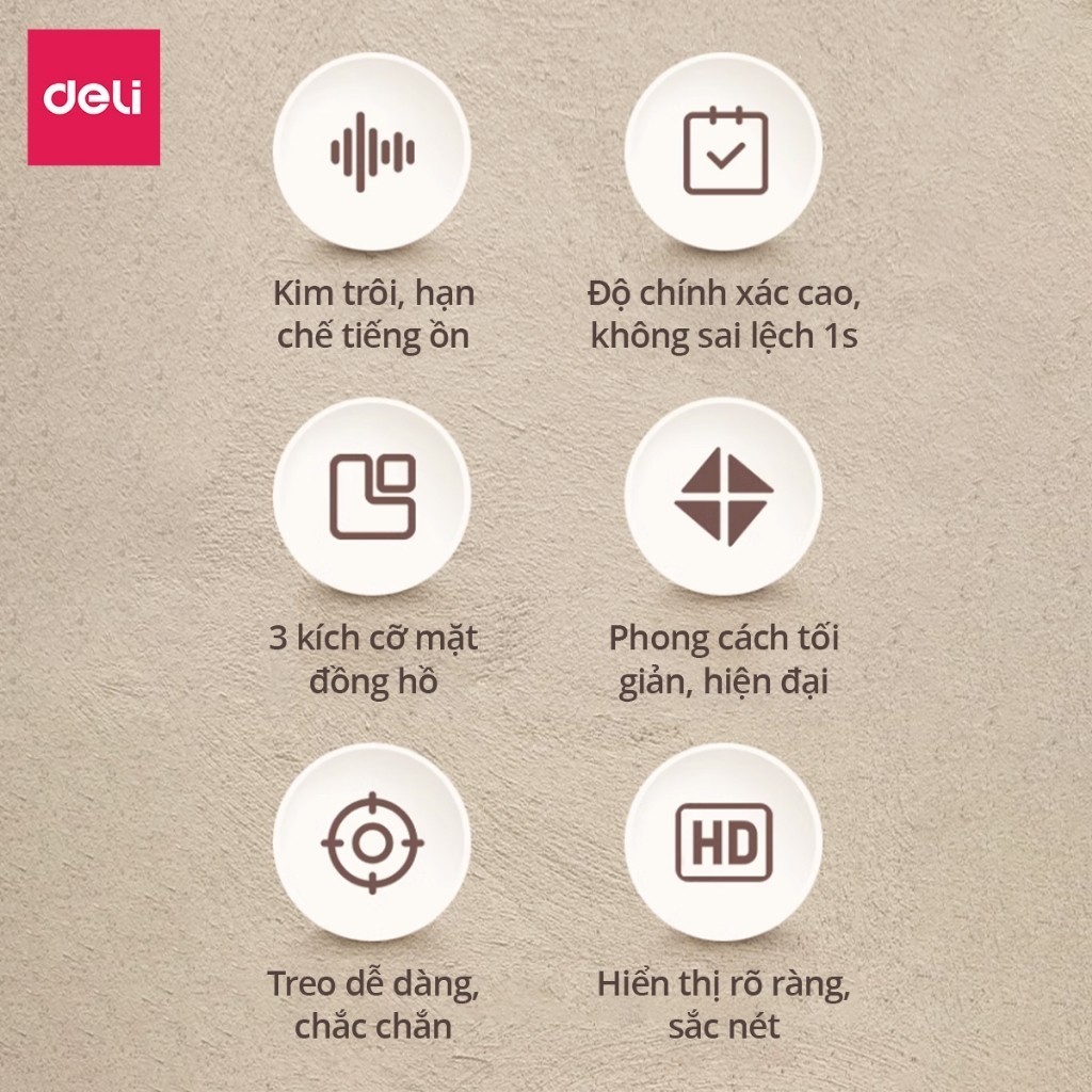Đồng Hồ Treo Tường Không Ồn Deli Kim Trôi Mặt Số Tối Giản Màu Trắng Đen Vàng Trang Trí Phòng Khách Phòng Ngủ Văn Phòng