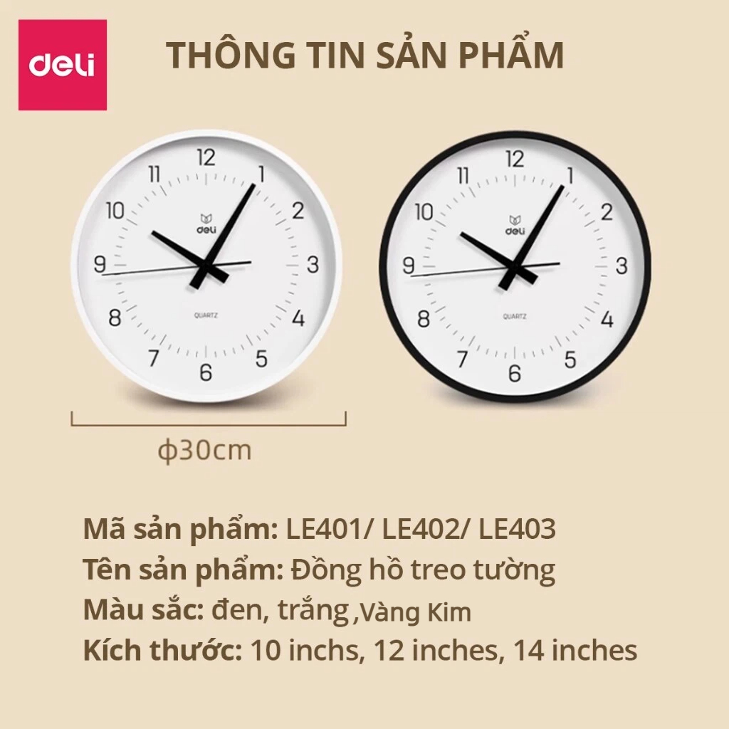 Đồng Hồ Treo Tường Không Ồn Deli Kim Trôi Mặt Số Tối Giản Màu Trắng Đen Vàng Trang Trí Phòng Khách Phòng Ngủ Văn Phòng
