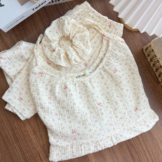 Đồ ngủ nữ áo dây quần đùi – set đồ 2 dây vải xô muslin hoạ tiết | KNG.studio (Tặng kèm dây buộc tóc scrunchies)