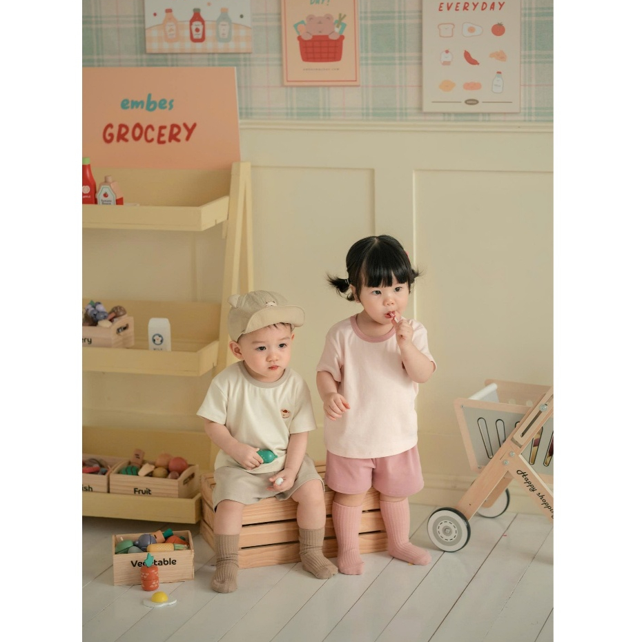 Bộ Cộc Cho Bé Embes, Bộ Cộc Tay Phối Màu Thêu Hình Chất Cotton Mềm Thoáng Mát Cho Bé Từ 8-17Kg