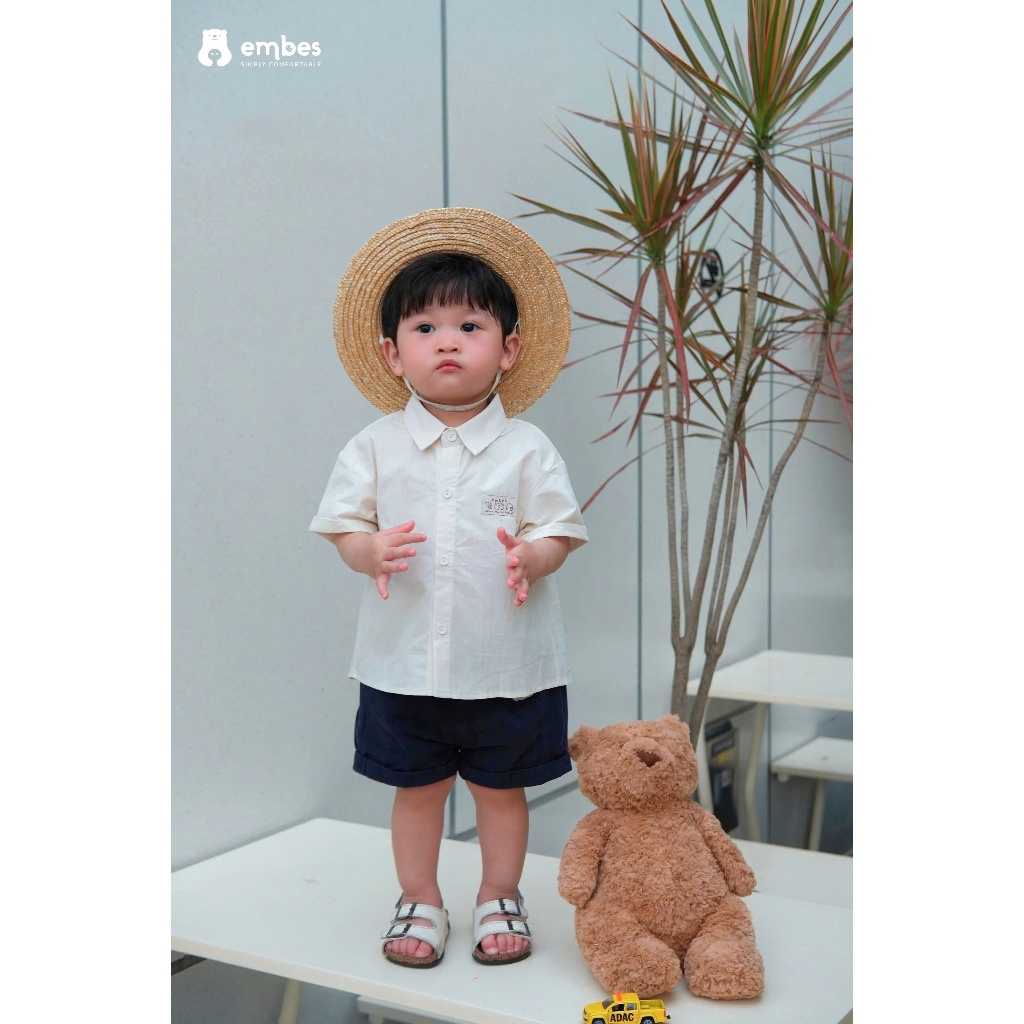 Áo Sơ Mi Cho Bé Embes, Áo Sơ Mi Cộc Tay Thêu Họa Tiết Chất Mềm Mát Cho Bé Trai Bé Gái Từ 8-18Kg