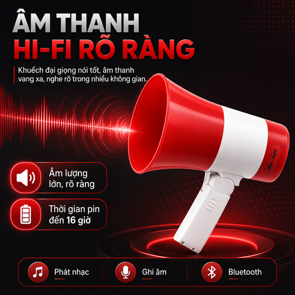 Loa Phóng Thanh Bluetooth Âm Lượng Lớn, Ghi Âm Phát Lại, Hỗ Trợ USB Thẻ Nhớ Kèm 1Pin/2 Pin