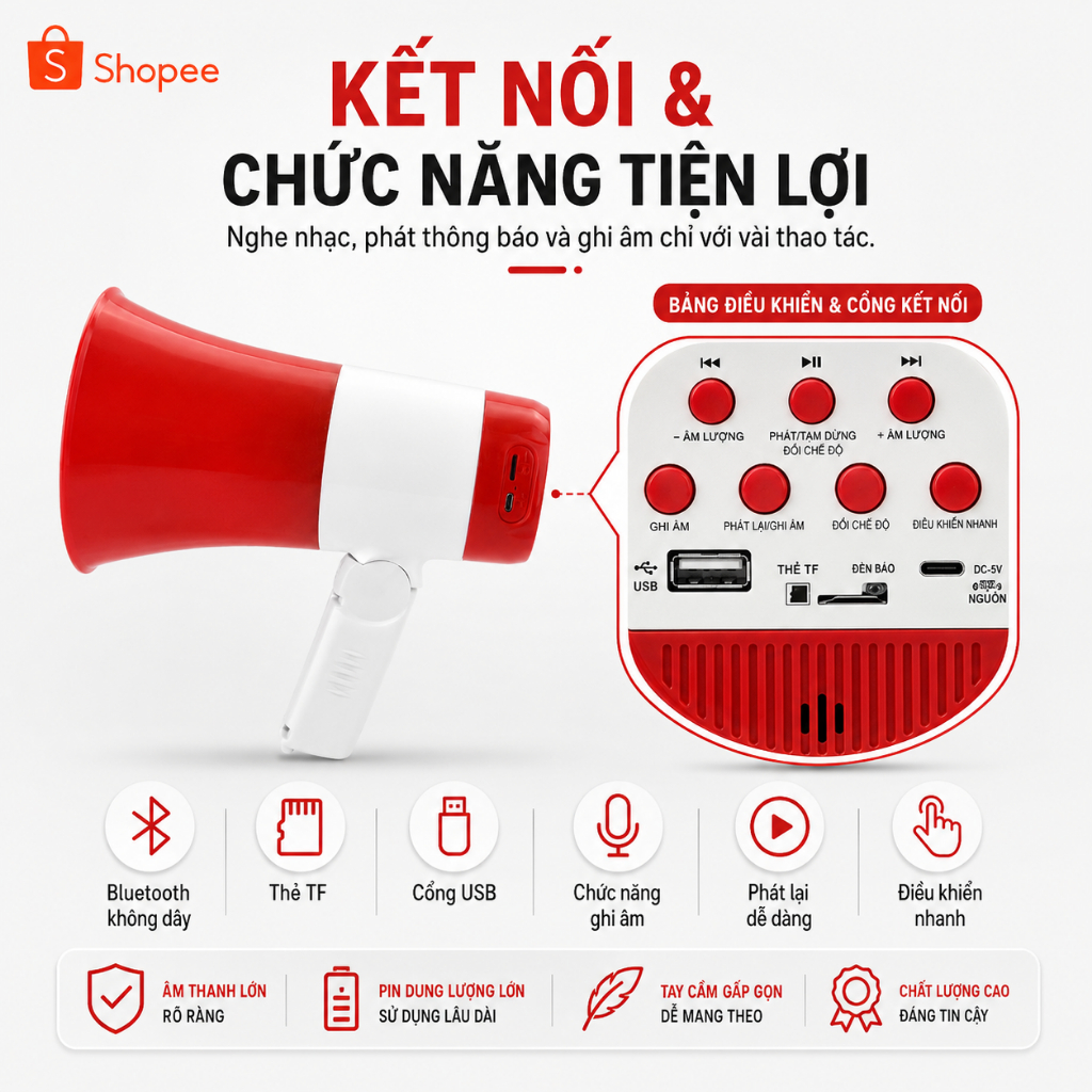 Loa Phóng Thanh Bluetooth Âm Lượng Lớn, Ghi Âm Phát Lại, Hỗ Trợ USB Thẻ Nhớ Kèm 1Pin/2 Pin