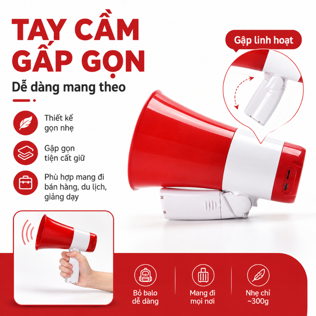 Loa Phóng Thanh Bluetooth Âm Lượng Lớn, Ghi Âm Phát Lại, Hỗ Trợ USB Thẻ Nhớ Kèm 1Pin/2 Pin