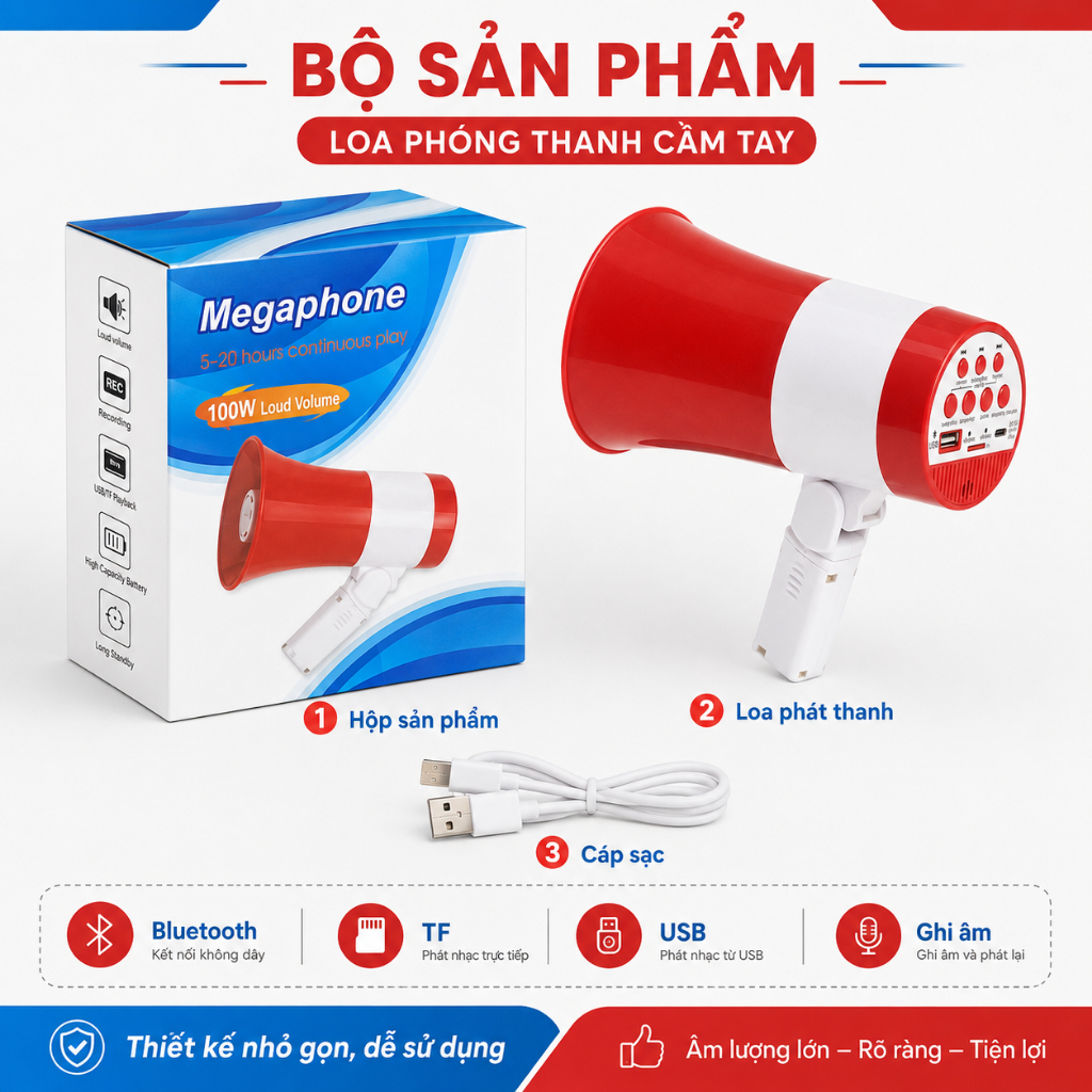 Loa Phóng Thanh Bluetooth Âm Lượng Lớn, Ghi Âm Phát Lại, Hỗ Trợ USB Thẻ Nhớ Kèm 1Pin/2 Pin