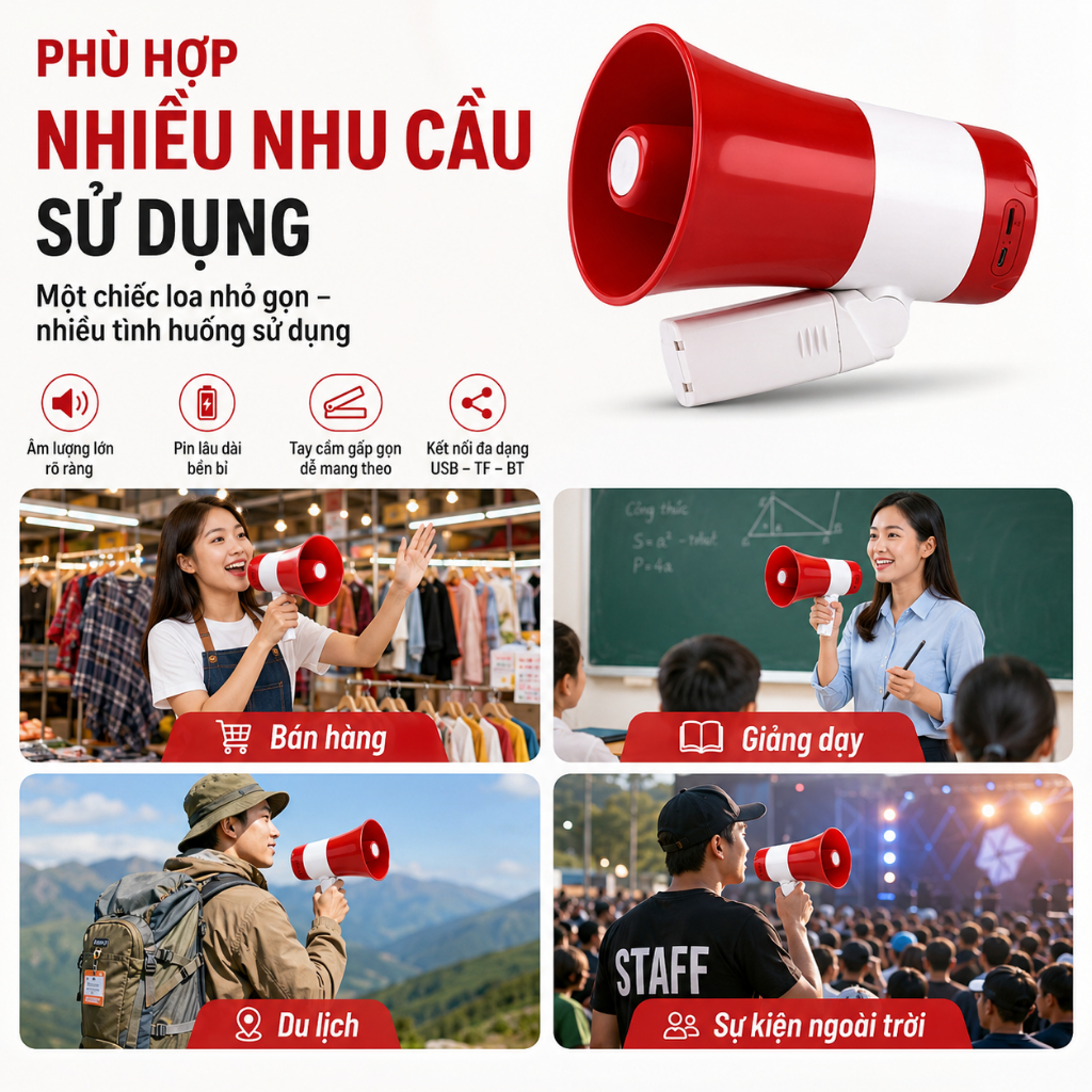 Loa Phóng Thanh Bluetooth Âm Lượng Lớn, Ghi Âm Phát Lại, Hỗ Trợ USB Thẻ Nhớ Kèm 1Pin/2 Pin