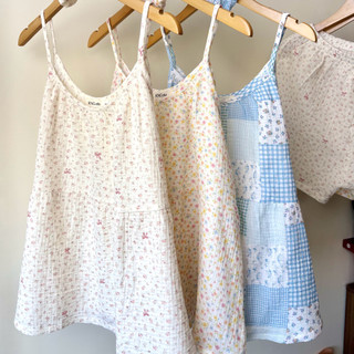 Đồ ngủ nữ áo dây quần đùi – set đồ 2 dây vải xô muslin hoạ tiết | KNG.studio (Tặng kèm dây buộc tóc scrunchies)