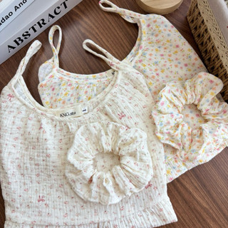 Đồ ngủ nữ áo dây quần đùi – set đồ 2 dây vải xô muslin hoạ tiết | KNG.studio (Tặng kèm dây buộc tóc scrunchies)