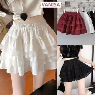 Chân váy nữ ngắn xoè 3 tầng phối ren bánh bèo lưng chun voan mềm đen trắng VANISA CV030