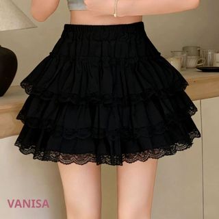 Chân váy bèo xếp ly phối ren 3 tầng xinh lưng chun co giãn có quần bảo hộ trắng đen VANISA CV030