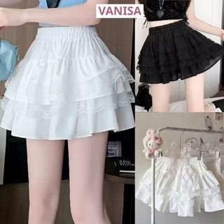 Chân váy xếp ly xoè 3 tầng phối ren lưng chun xinh đen trắng hàn quốc VANISA CV030