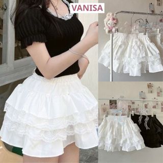 Chân váy nữ cạp chun phối ren xếp ly 3 tầng có quần bảo hộ đen trắng VANISA CV030