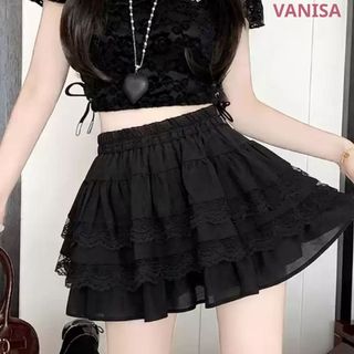 Chân váy bèo xếp ly phối ren 3 tầng xinh lưng chun co giãn có quần bảo hộ trắng đen VANISA CV030