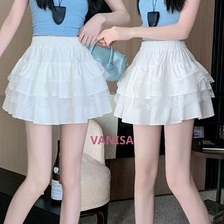 Chân váy bèo xếp ly phối ren 3 tầng xinh lưng chun co giãn có quần bảo hộ trắng đen VANISA CV030