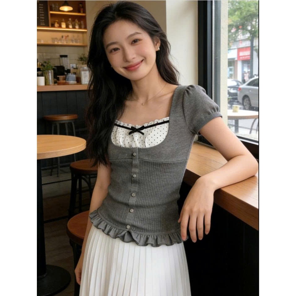 Áo Dạ Tweed Élan Sweet - Áo Kiểu Tay Ngắn Phối Viền Cao Cấp, Thời Trang Thiết Kế Tiểu Thư 2026
