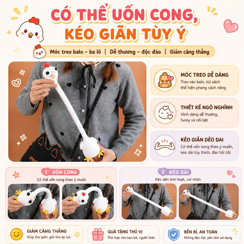 Đồ Chơi Thú Bông Cổ Dài 40CM Co Giãn, Xả Stress RICHOUSE, Gấu Cổ Dài Ngộ Nghĩnh Buộc Balo, Túi Xách