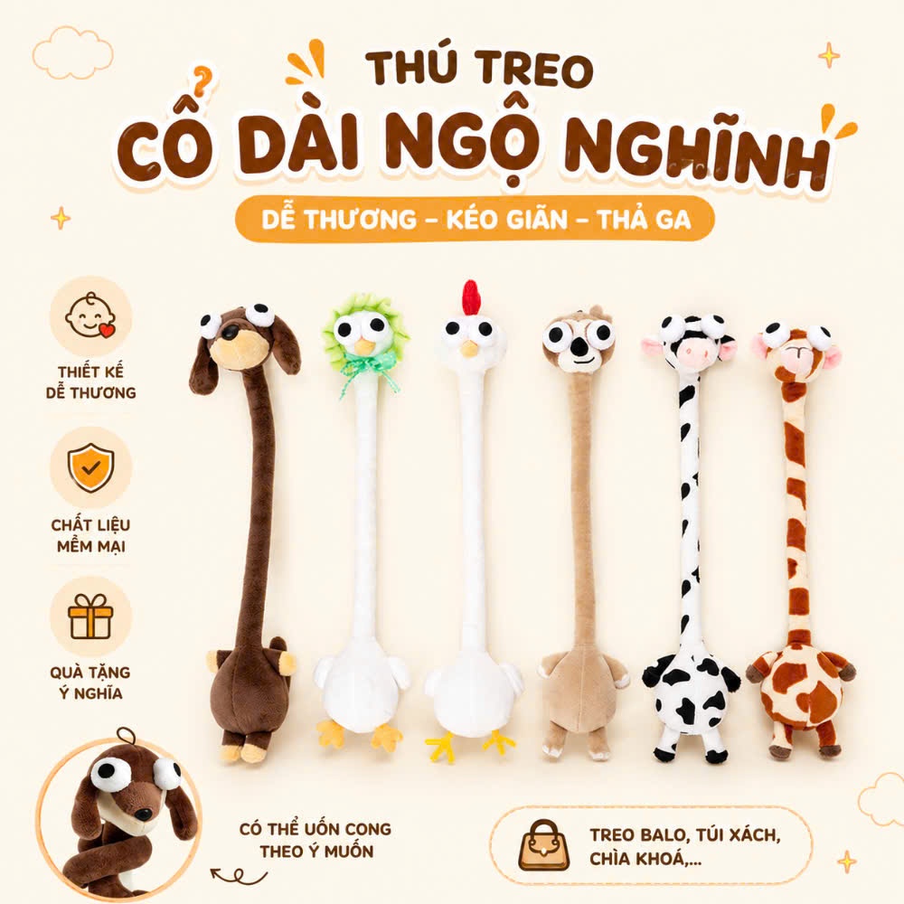 Đồ Chơi Thú Bông Cổ Dài 40CM Co Giãn, Xả Stress RICHOUSE, Gấu Cổ Dài Ngộ Nghĩnh Buộc Balo, Túi Xách